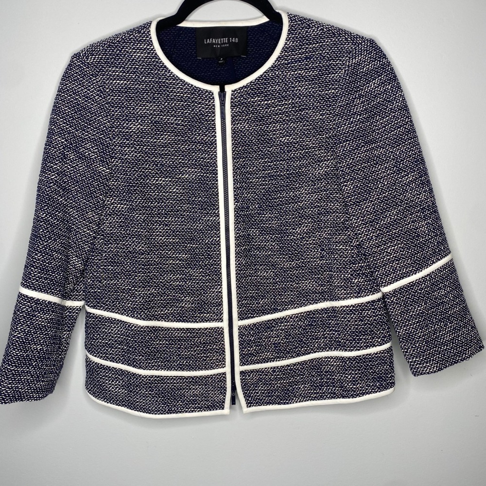 LAFAYETTE 148 NEW YORK Navy White Textured Collarless‎ Zipper Jacket Tweed P